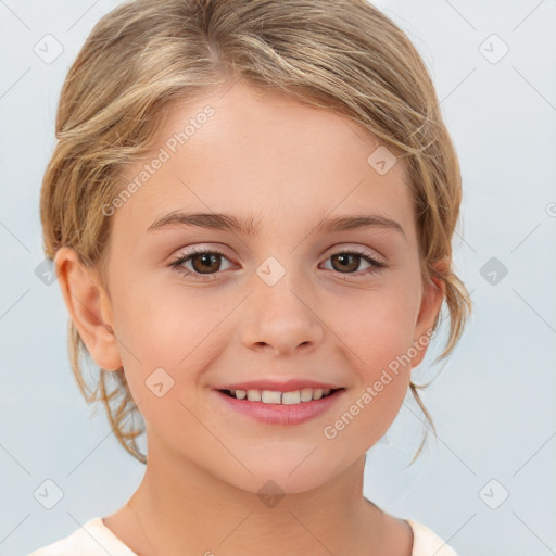 Joyful white child female with medium  brown hair and brown eyes