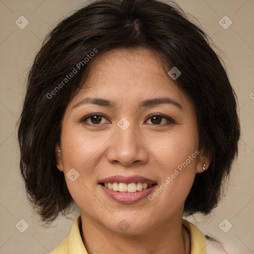 Joyful white young-adult female with medium  brown hair and brown eyes