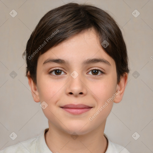 Joyful white child female with short  brown hair and brown eyes