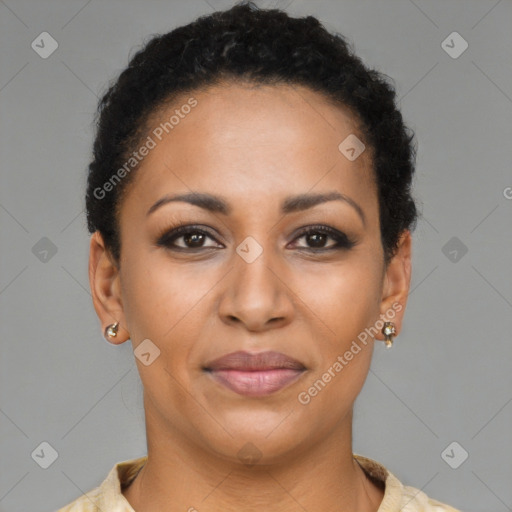 Joyful latino young-adult female with short  brown hair and brown eyes