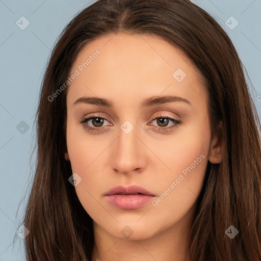 Neutral white young-adult female with long  brown hair and brown eyes