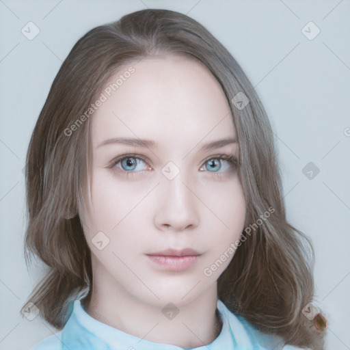 Neutral white young-adult female with medium  brown hair and grey eyes