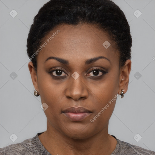 Neutral black young-adult female with short  black hair and brown eyes