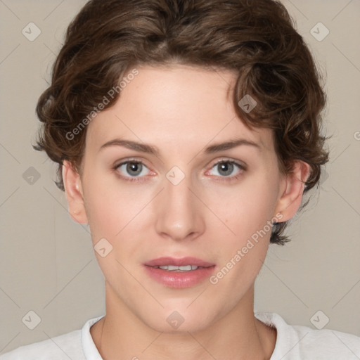 Joyful white young-adult female with medium  brown hair and green eyes