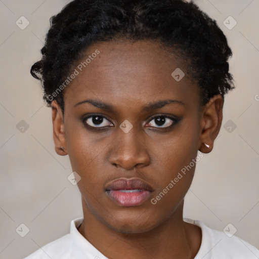 Neutral black young-adult female with short  black hair and brown eyes