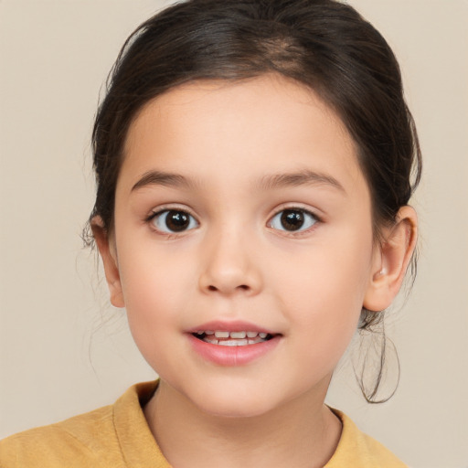 Joyful white child female with medium  brown hair and brown eyes