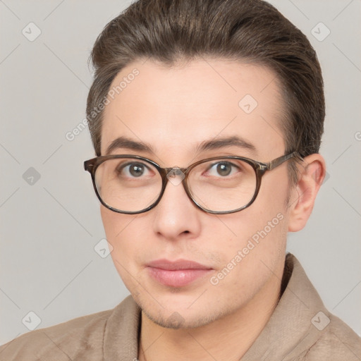 Neutral white young-adult male with short  brown hair and brown eyes