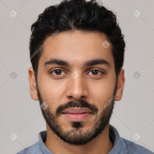 Neutral latino young-adult male with short  black hair and brown eyes