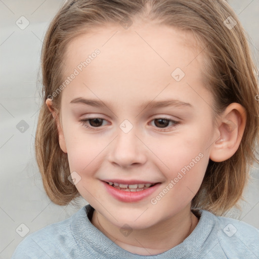 Joyful white child female with medium  brown hair and grey eyes