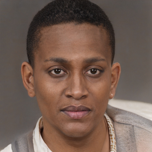 Neutral black young-adult female with short  brown hair and brown eyes
