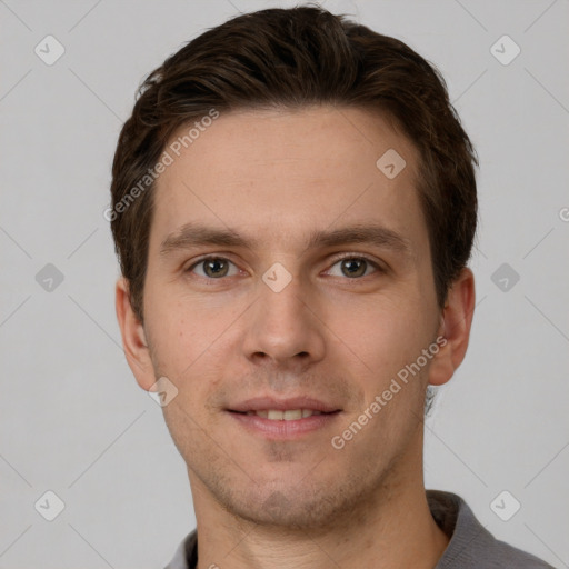 Neutral white young-adult male with short  brown hair and grey eyes