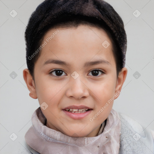 Joyful white child female with short  brown hair and brown eyes