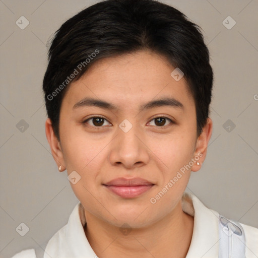 Joyful white young-adult female with short  brown hair and brown eyes