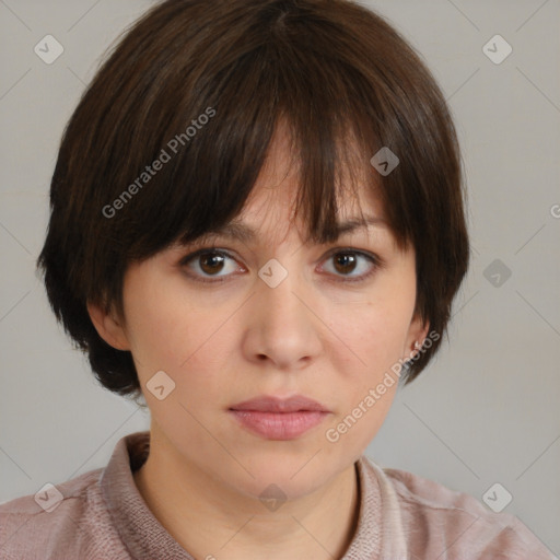 Neutral white young-adult female with medium  brown hair and brown eyes