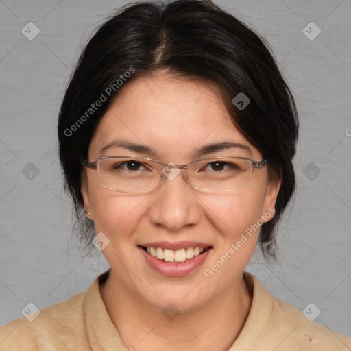 Joyful white adult female with medium  brown hair and brown eyes