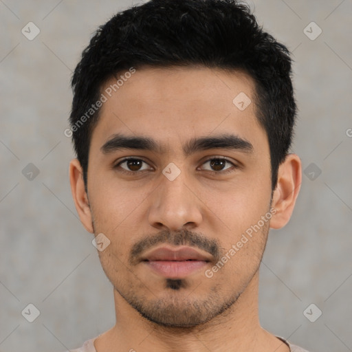 Neutral latino young-adult male with short  black hair and brown eyes