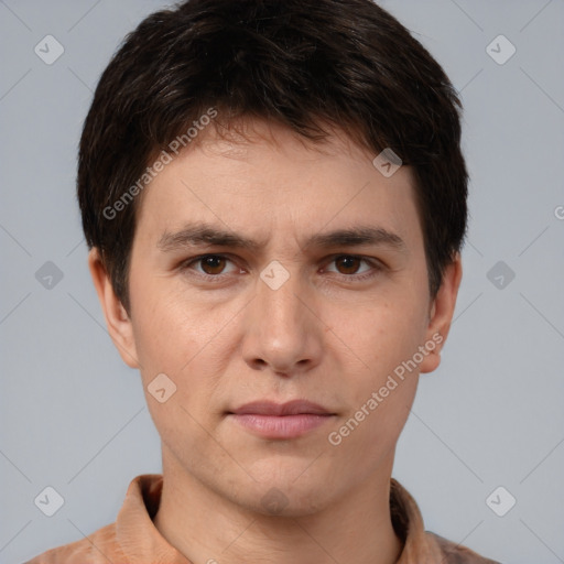 Neutral white young-adult male with short  brown hair and brown eyes