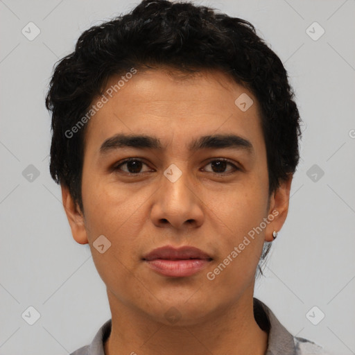 Neutral latino young-adult male with short  black hair and brown eyes