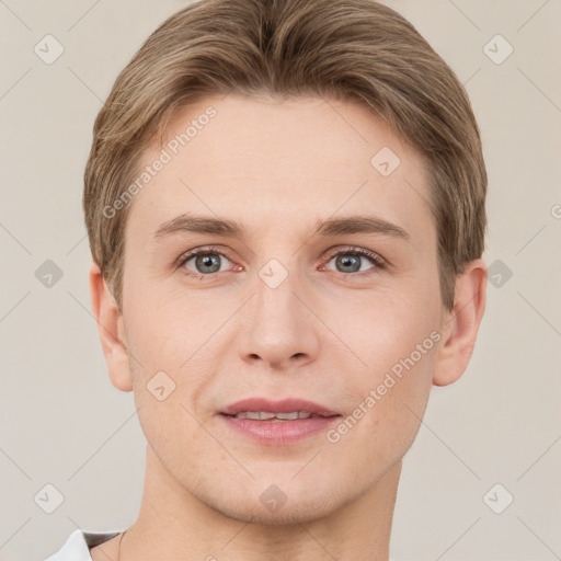 Joyful white young-adult female with short  brown hair and grey eyes