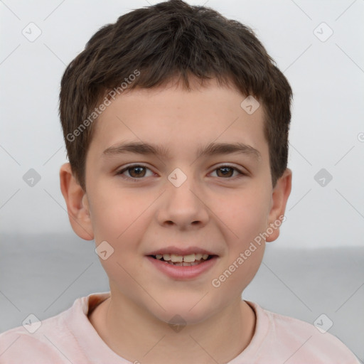 Joyful white child male with short  brown hair and brown eyes