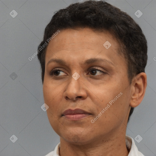 Joyful black adult female with short  brown hair and brown eyes