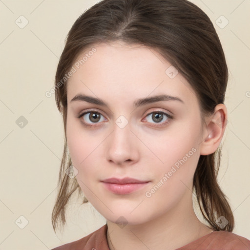 Neutral white young-adult female with medium  brown hair and brown eyes