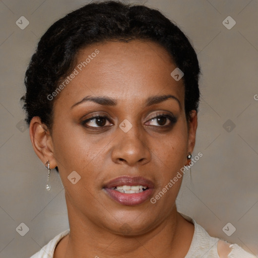 Joyful black young-adult female with short  brown hair and brown eyes