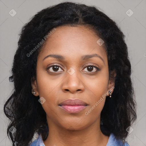 Joyful black young-adult female with medium  black hair and brown eyes