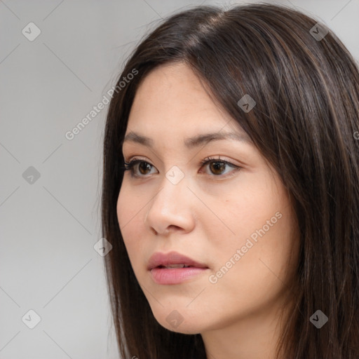 Neutral white young-adult female with long  brown hair and brown eyes