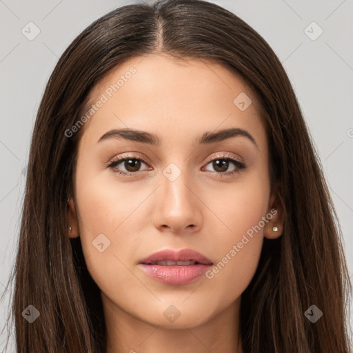 Neutral white young-adult female with long  brown hair and brown eyes