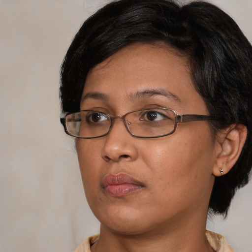 Neutral asian adult female with medium  brown hair and brown eyes
