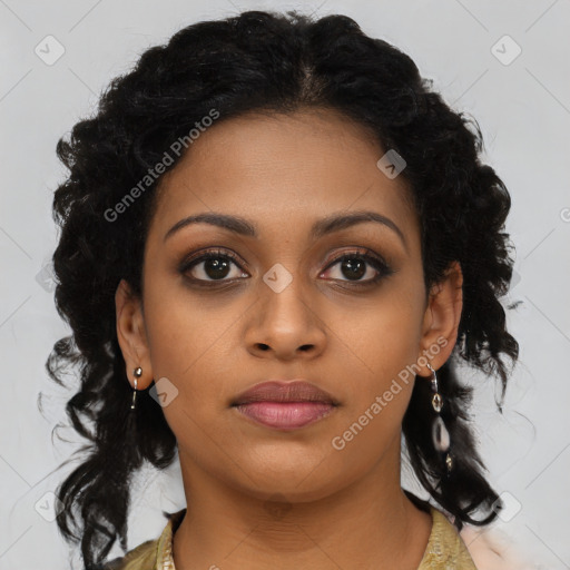 Neutral black young-adult female with long  brown hair and brown eyes