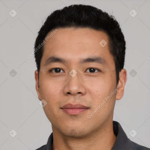 Neutral asian young-adult male with short  black hair and brown eyes