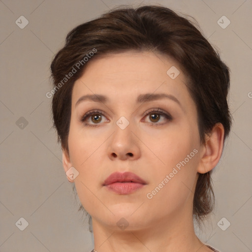 Neutral white young-adult female with medium  brown hair and brown eyes