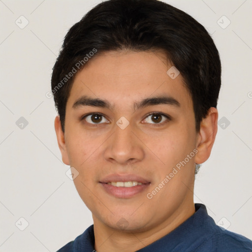 Joyful white young-adult male with short  black hair and brown eyes