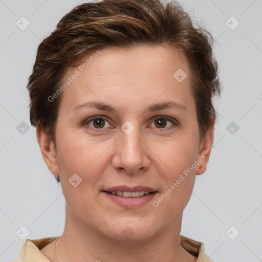 Joyful white adult female with short  brown hair and brown eyes