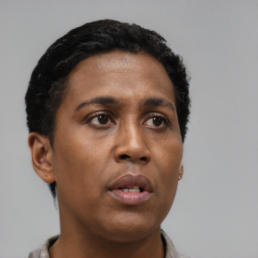 Neutral black young-adult female with short  brown hair and brown eyes