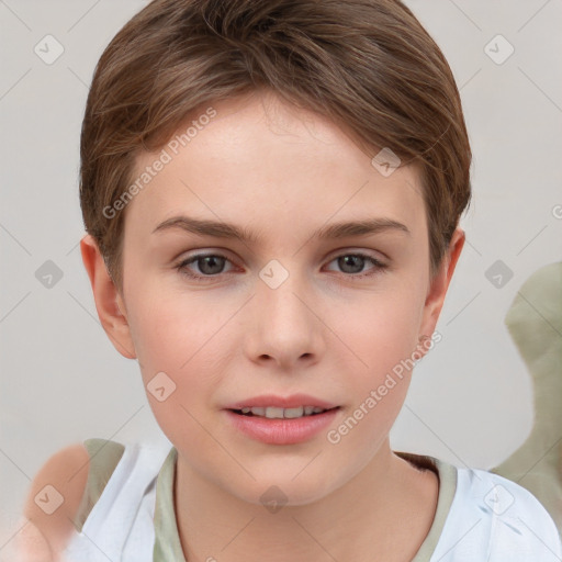 Joyful white child female with short  brown hair and brown eyes