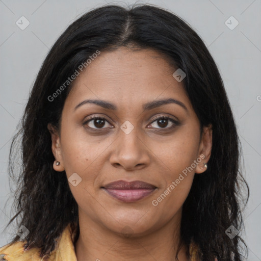 Joyful latino young-adult female with long  brown hair and brown eyes