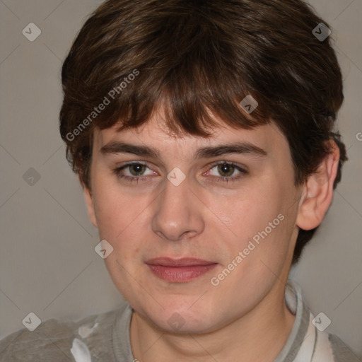 Joyful white young-adult female with medium  brown hair and green eyes