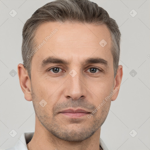 Neutral white adult male with short  brown hair and brown eyes