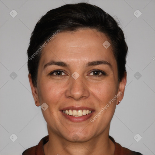 Joyful white young-adult female with short  brown hair and brown eyes