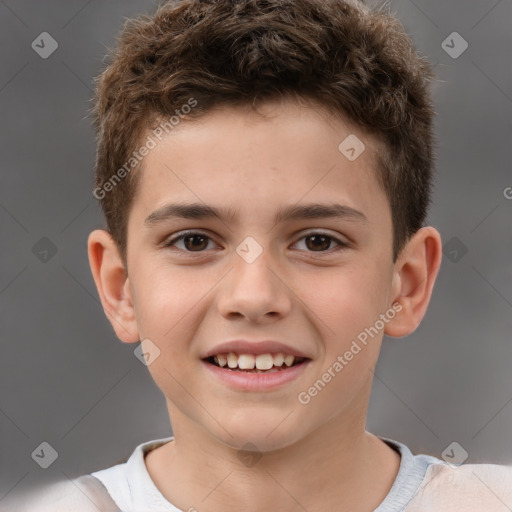 Joyful white child male with short  brown hair and brown eyes