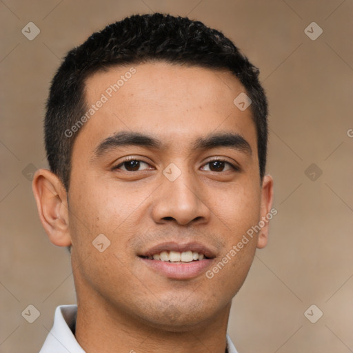 Joyful latino young-adult male with short  black hair and brown eyes