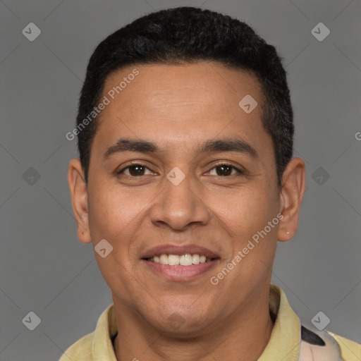 Joyful latino young-adult male with short  brown hair and brown eyes