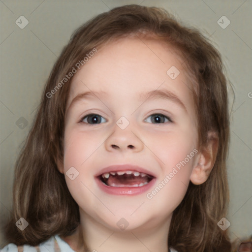 Joyful white child female with medium  brown hair and brown eyes