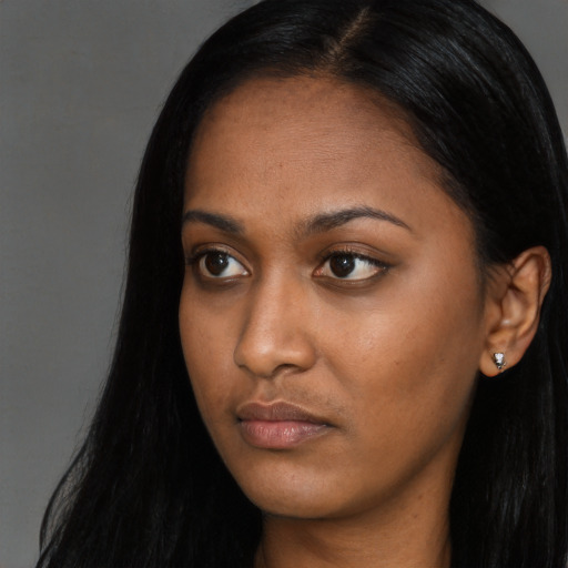 Neutral asian young-adult female with long  black hair and brown eyes