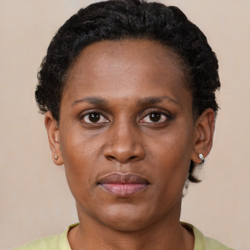 Neutral latino adult female with short  brown hair and brown eyes
