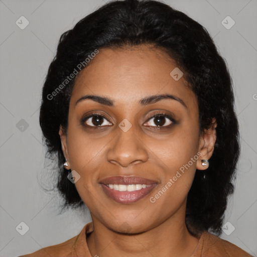 Joyful black young-adult female with medium  black hair and brown eyes