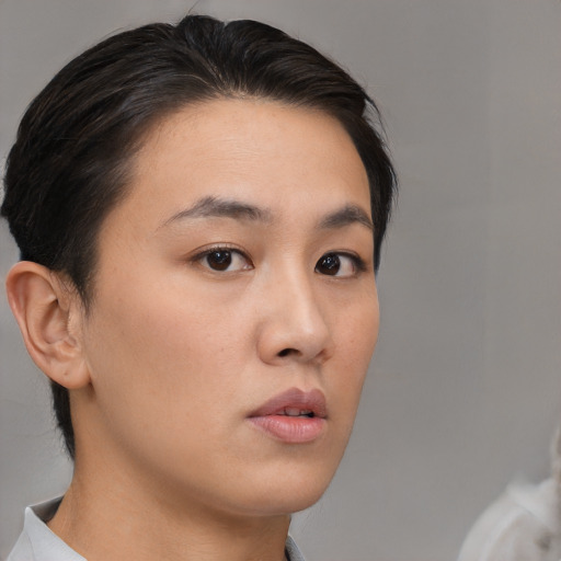 Neutral white young-adult female with short  brown hair and brown eyes